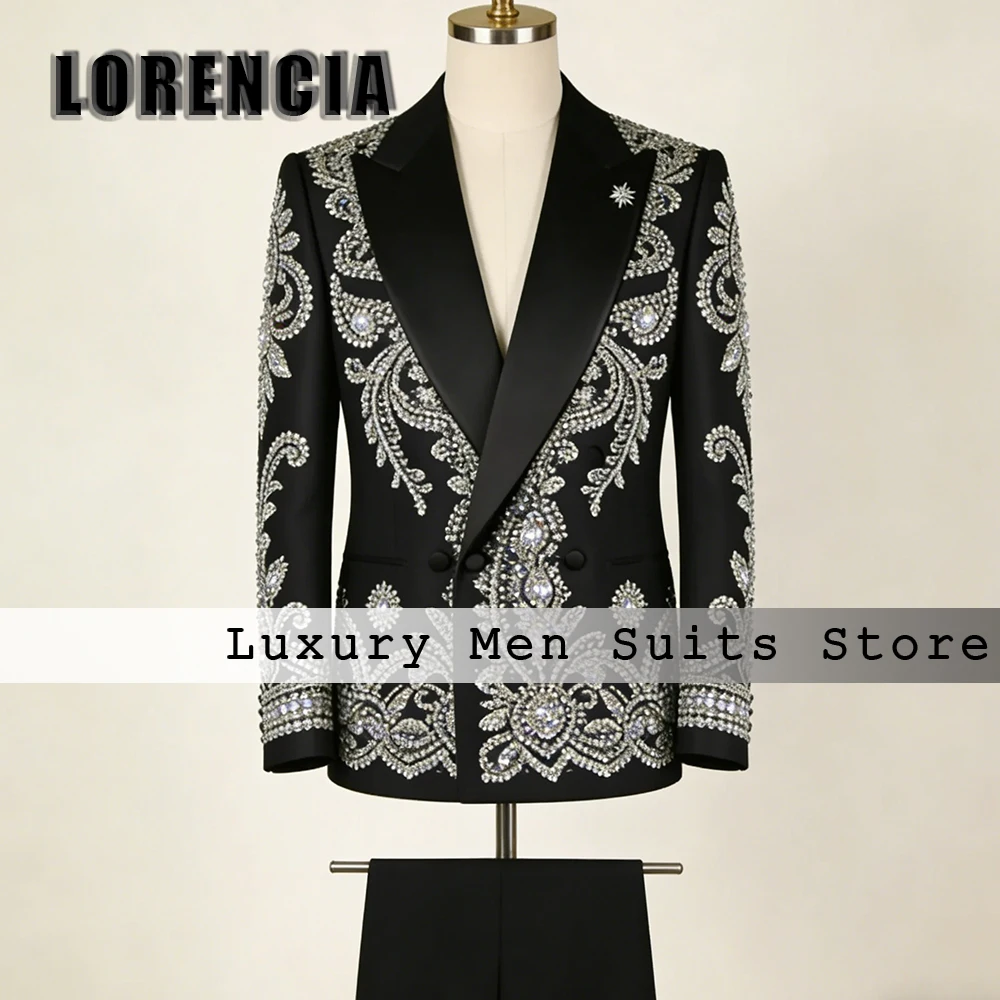 

Shiny Crystal Male Suits 2 Pieces Double Breasted Wedding Party Outfits Groom Tuxedos Customized Blazer Pants disfraz de hombre