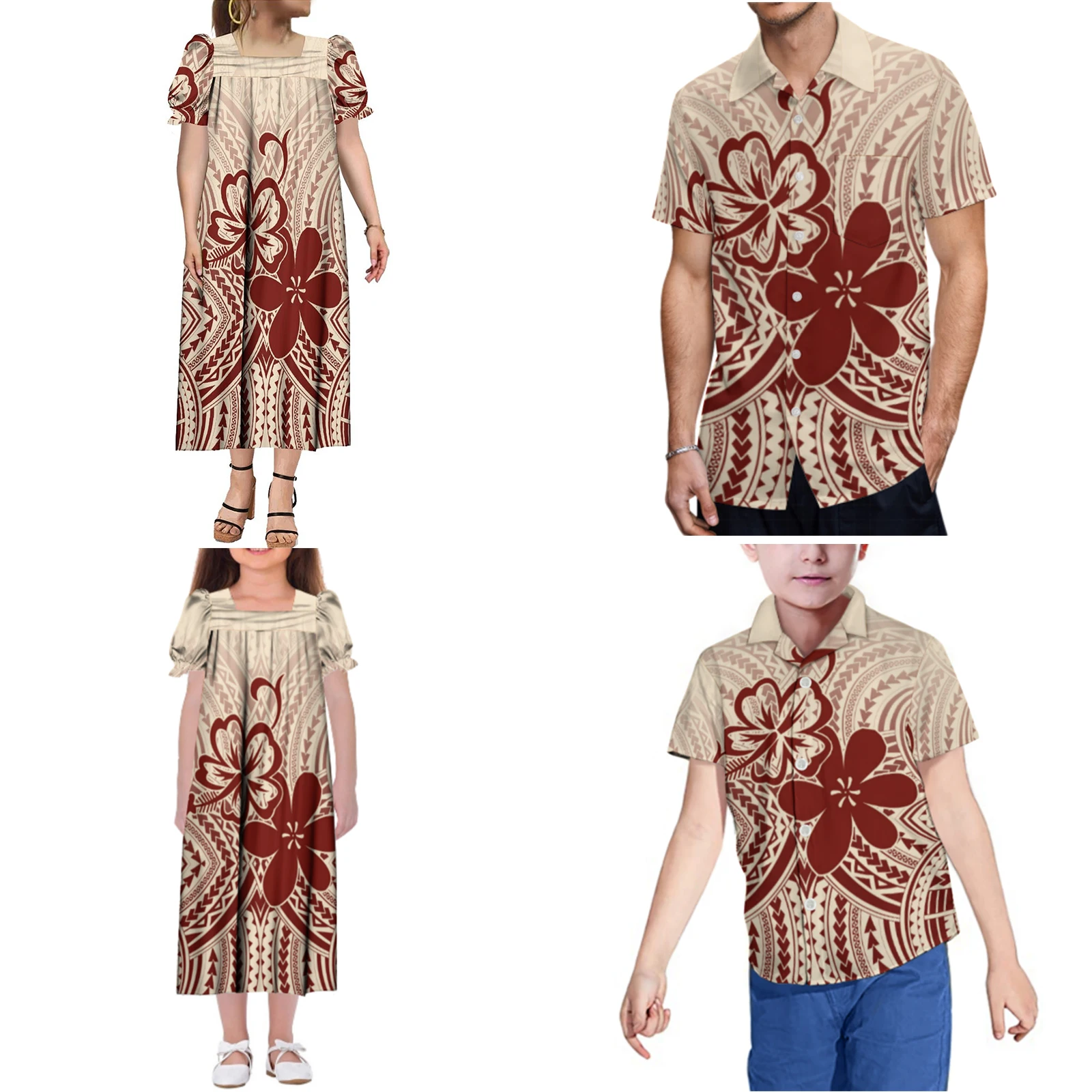 Polynesian Tribe Floral Custom Fiji Micronesian Samoan Family Party Set Mother Daughter Mumu Dress Father Son Casual Shirt