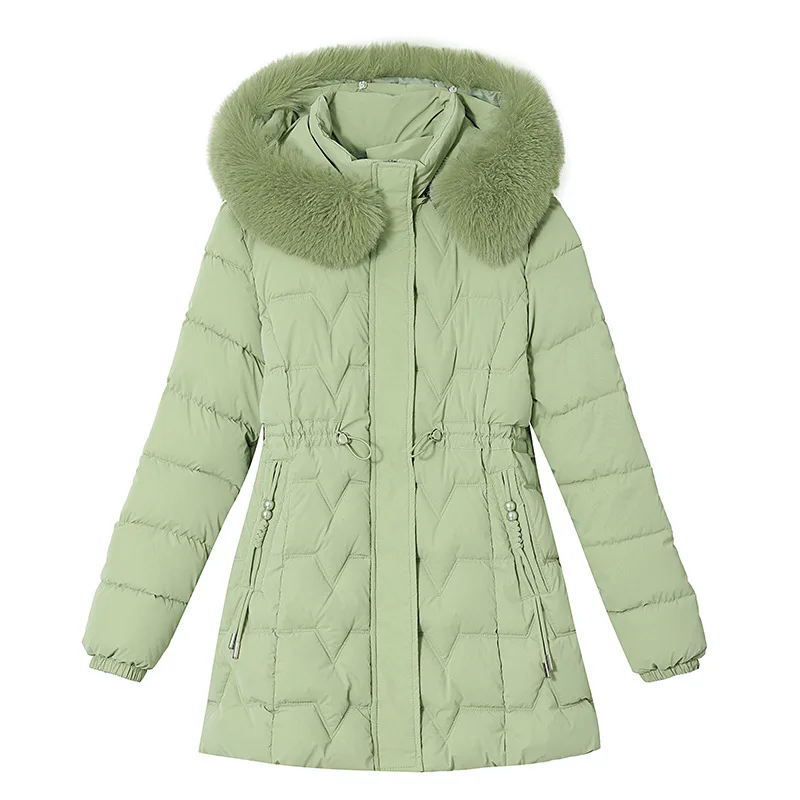 Women Winter Jacket Fashion Mid-length Clothes Slim Fur Collar Thick Cotton Coat Elegant Parka Overcoat Female Casual Outwear