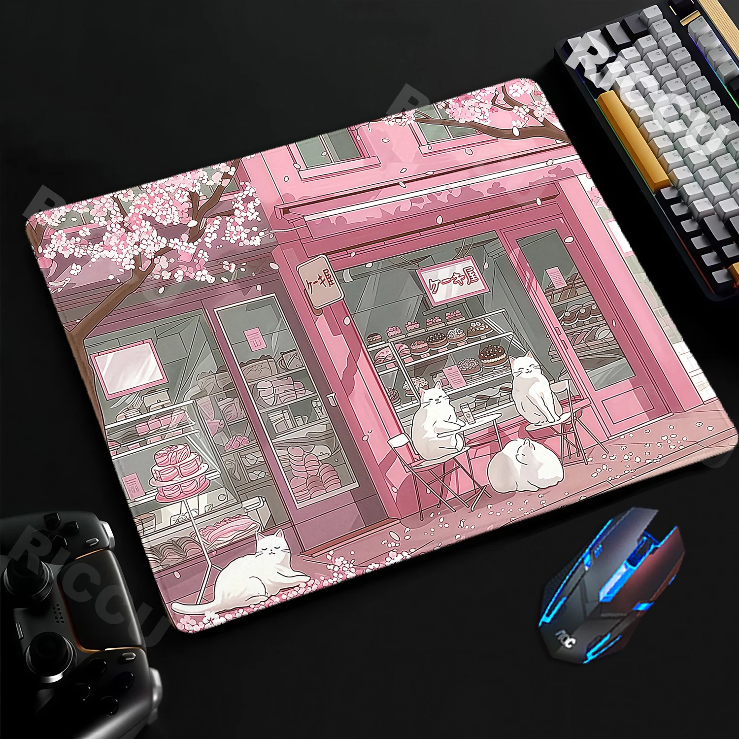 Gaming-Mauspad, Kirschblüten-Motiv, niedliches Katzen-Mauspad, klein, rosa, E-Sport-Mauspad, PC-Gehäuse, Tischmatte, XS, Schreibtischunterlage, Bürozubehör