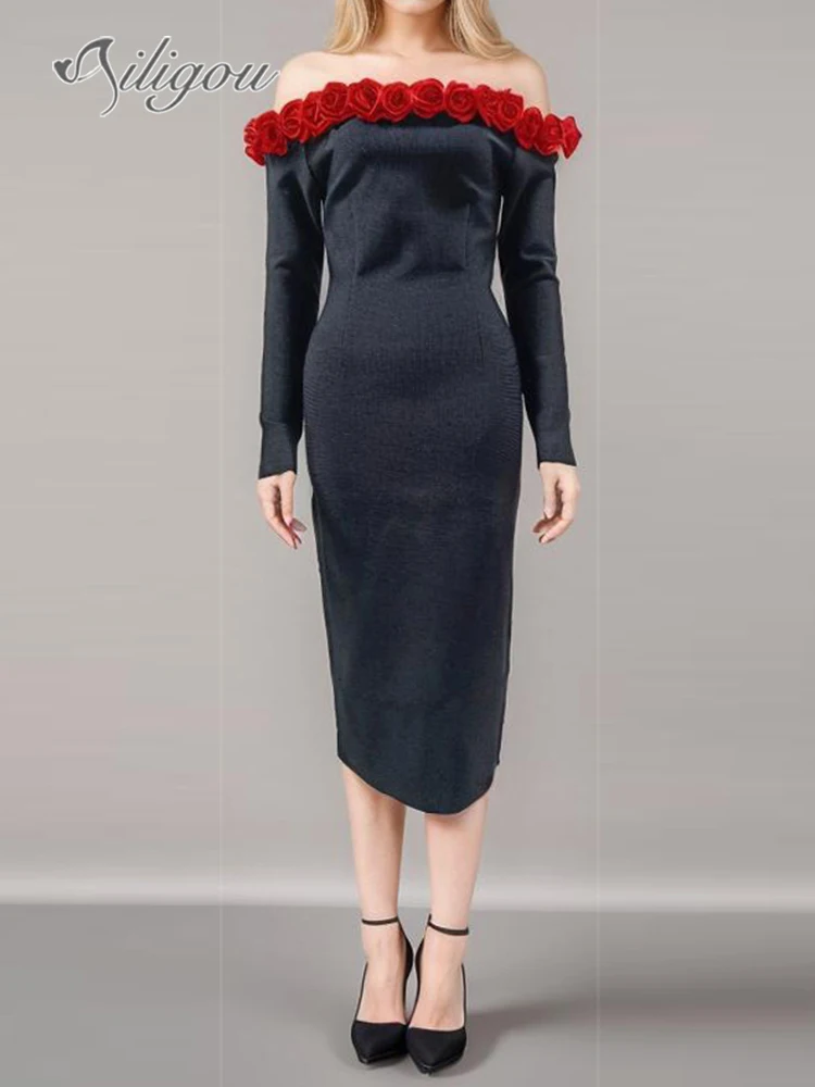 

Ailigou 2024 New Summer Women's Long sleeved Off Shoulder Flower Sexy Tight Midi Bandage Dress Elegant Celebrity Party Dress