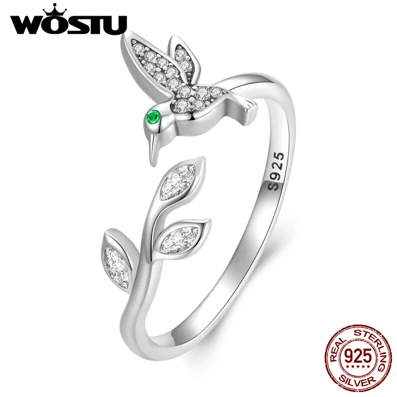 WOSTU 925 Sterling Silver Flower & Bird Open Ring For Women Clear CZ Butterfly Adjustable Statement Rings Party Jewelry Gift