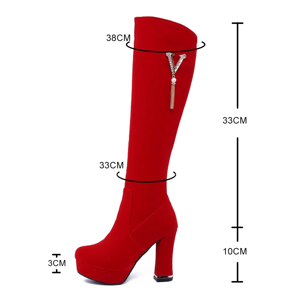 Autumn Winter Platform Knee High Boots Women Black Red Flock Women\'s High Boots Luxury Casual Chunky Heels Fashion Shoes Female