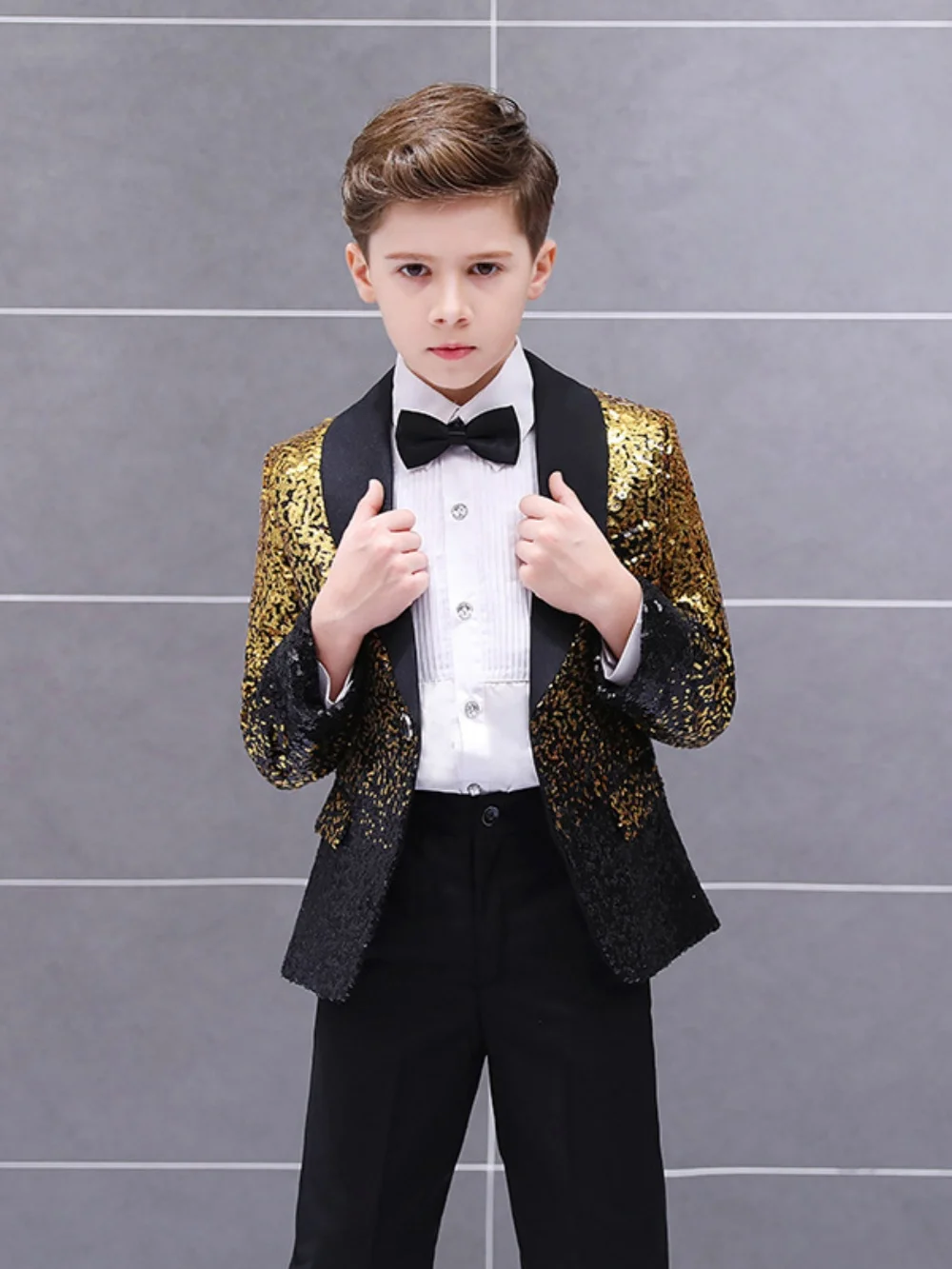 New Boys Handsome Suits 4 Pieces Jacket Shirt Pants Bow-tie For Piano Performance Luxurious Shawl Lapel Tuxedo Wedding Wear