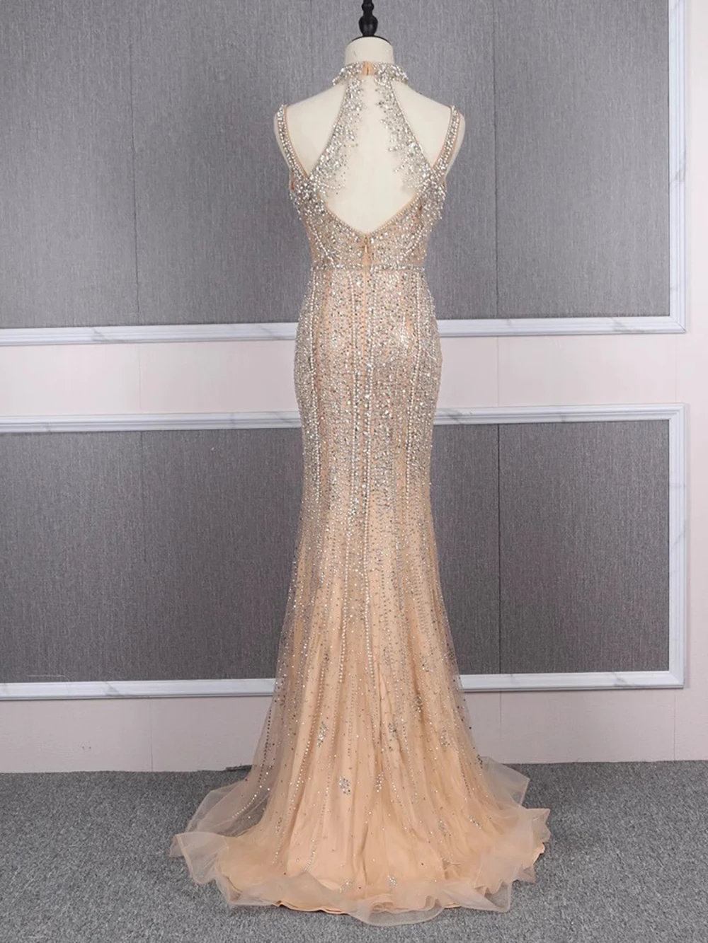 Hot Sale Dubai Champagne Pearls Diamond Formal Gowns Design Sleeveless Evening Dresses 2024 LA70055