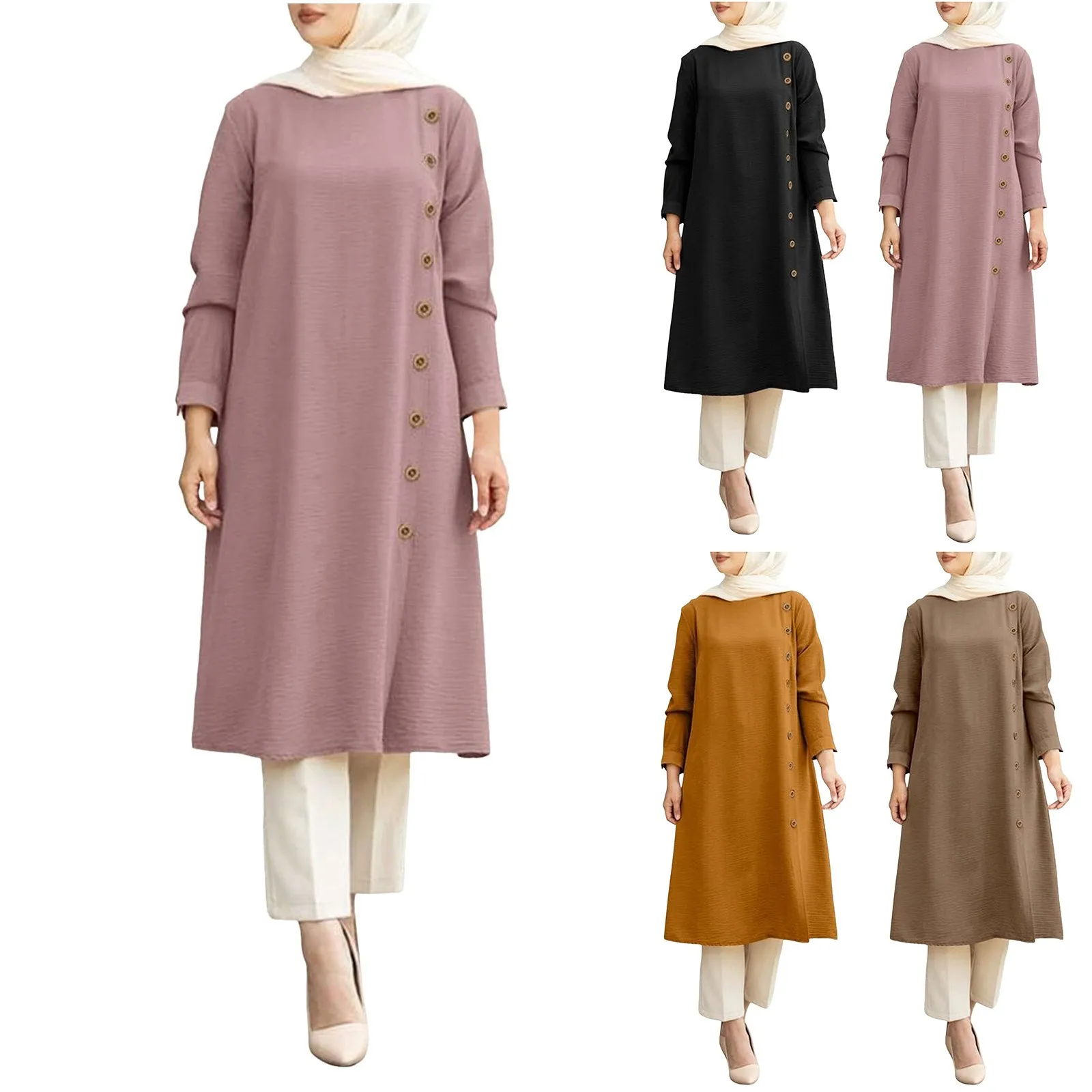 Ramadan Abaya 2024 Dubai Abaya Women\'s Solid Colour Button Loose Casual Round Neck Long Dress Robe Dress Muslim Islamic Dresses