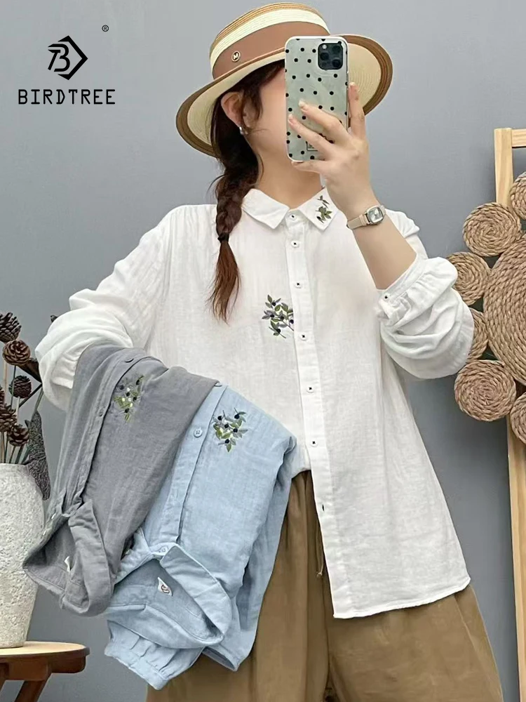 

New 2025 Autumn Cotton Yarn Long Sleeve Shirt, Women Lapel Floral Embroidery, Mori Girl Commute Versatile Loose Blouse T58951CC