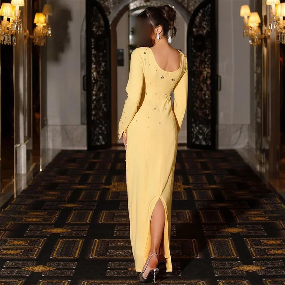 ROYET-Robe de Soirée de Forme Sirène Jaune pour Femme, Tenue de Bal Luxueuse, Col Rond, Manches sulf, Dos aux, Longueur au Sol, Sexy