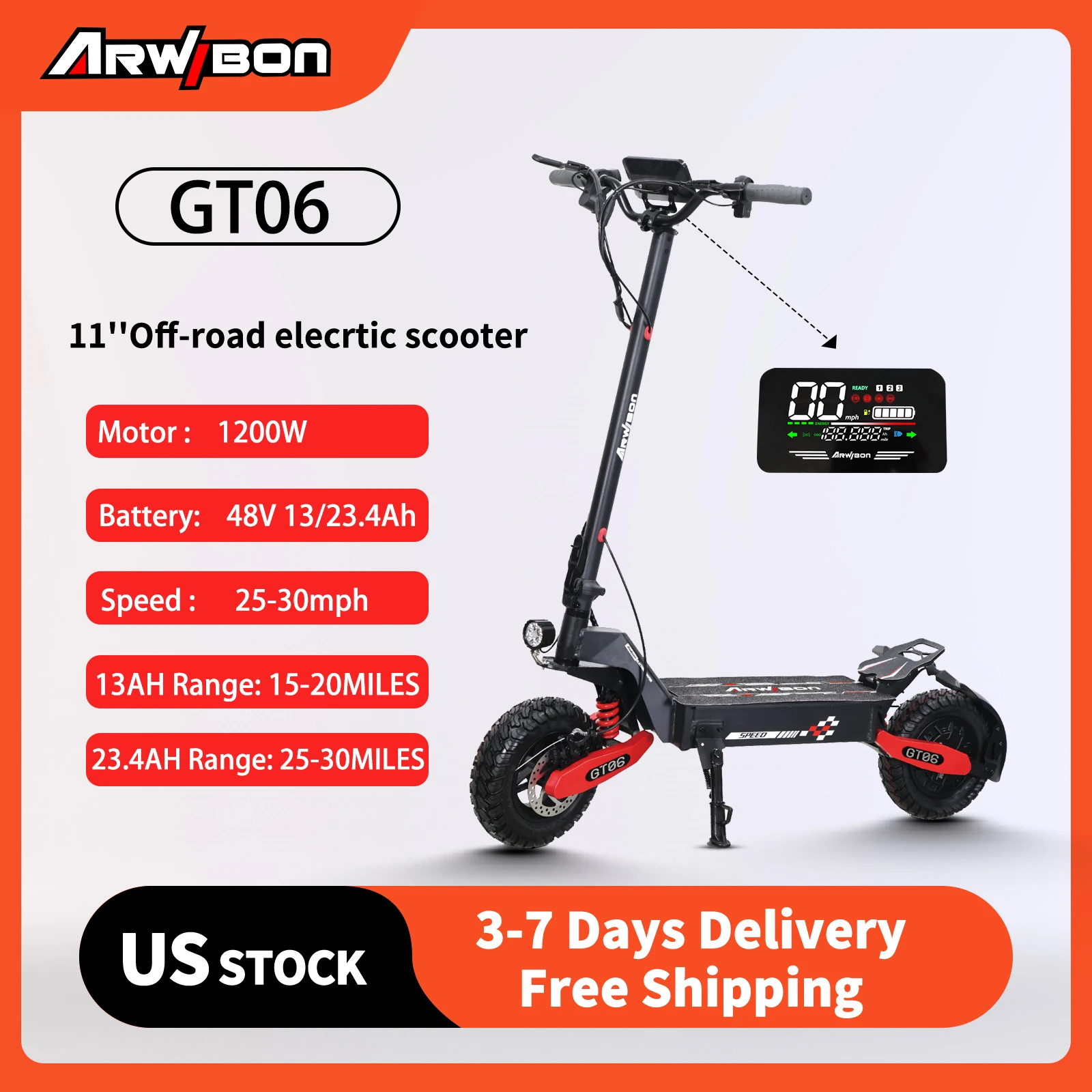 Arwibon GT06 Adult Electric Scooter, Speed up to 30MPH, 48V/13/23.4AH , 11 Inch Off-Road Tires, Foldable Sport Commuter EScooter