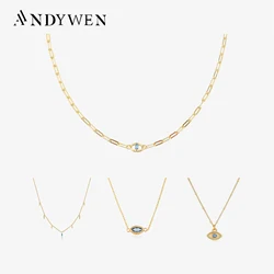 ANDYWEN 925 Sterling Silver Several Necklace Wearing Blue Eye Zircon Choker Long Chain Necklace Rock Puck Fine Jewelry Gift