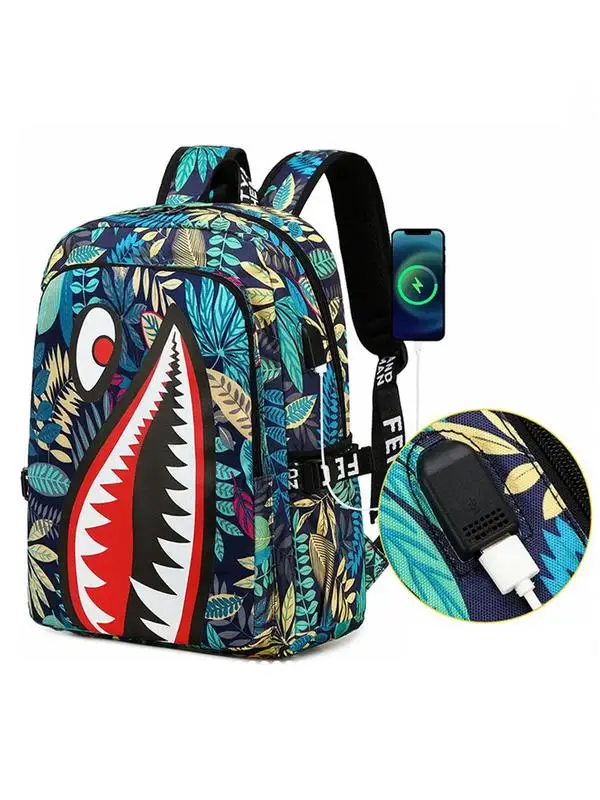 Colorblock Shark Pattern Backpack, Capacity Backpack with Usb Port Design, Backpack for Daily Use, Back To School Bag for Summer