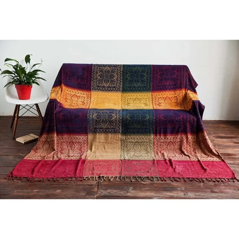 Inyahome Boho Throw Blanket Colorful Chenille Woven Bohemian Sofa Recliner Loveseat Furniture Cover Aztec Hippie Throws Blankets