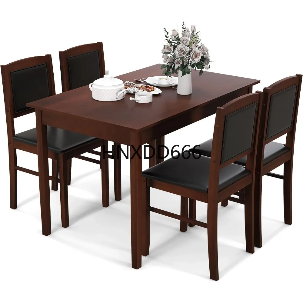 

Dining Table Set for 4, Farmhouse Solid Wood Dinette Set w/Rubber Wood Legs, Upholstered Seat & Padded Backrest, Mid