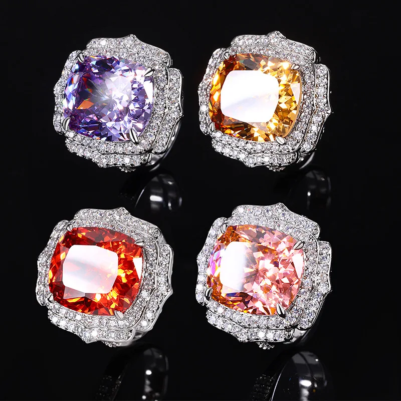 

Two-Layer Clear Micro Zircon 14x16mm Yellow Pink Purple Orange Red Color High Carbon Diamond Adjustable Big Ring