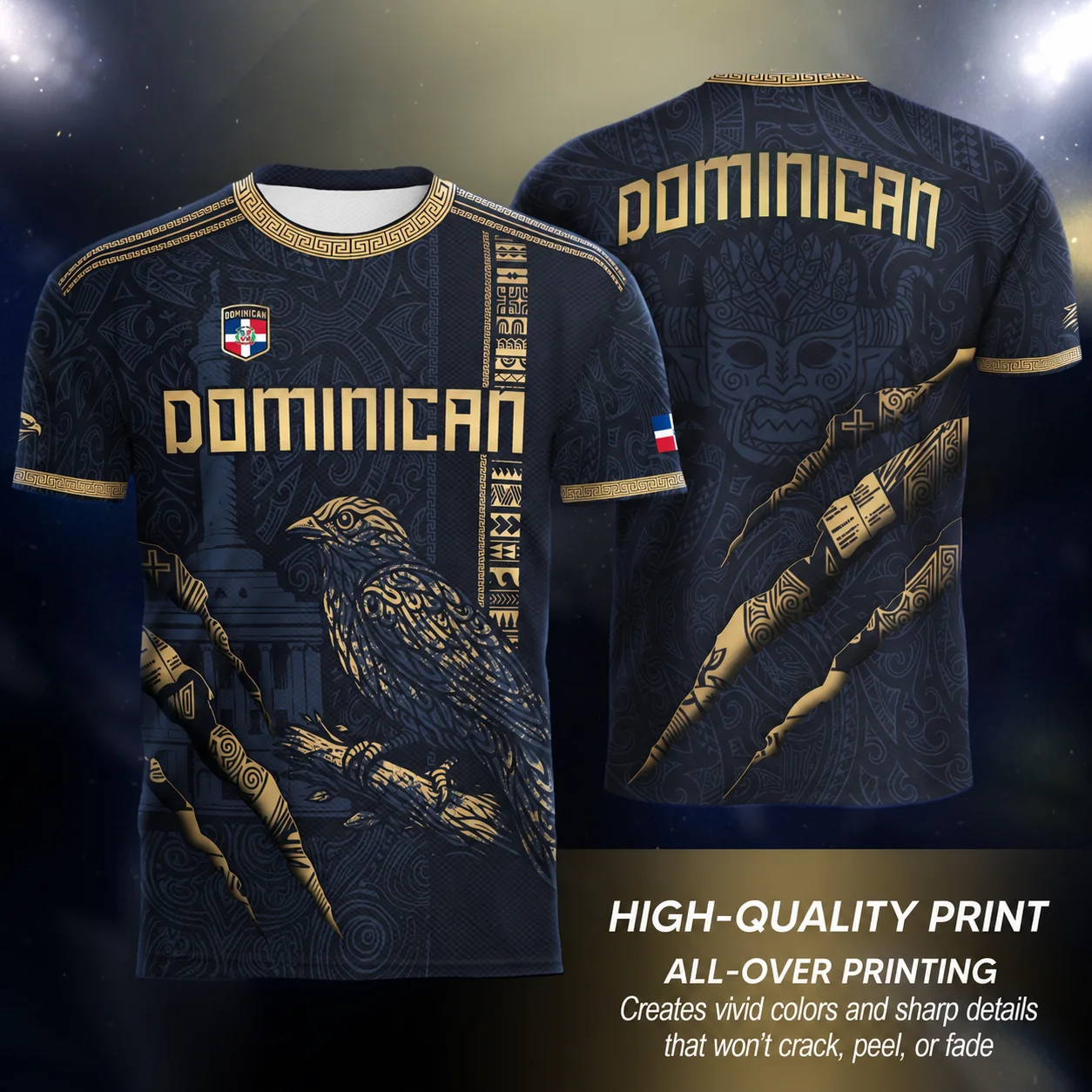 Dominican Republic Jersey for Men Navy Blue Gold Bird Graphic Print Short Sleeve Crew Neck Sports T Shirt Casual Streetwear