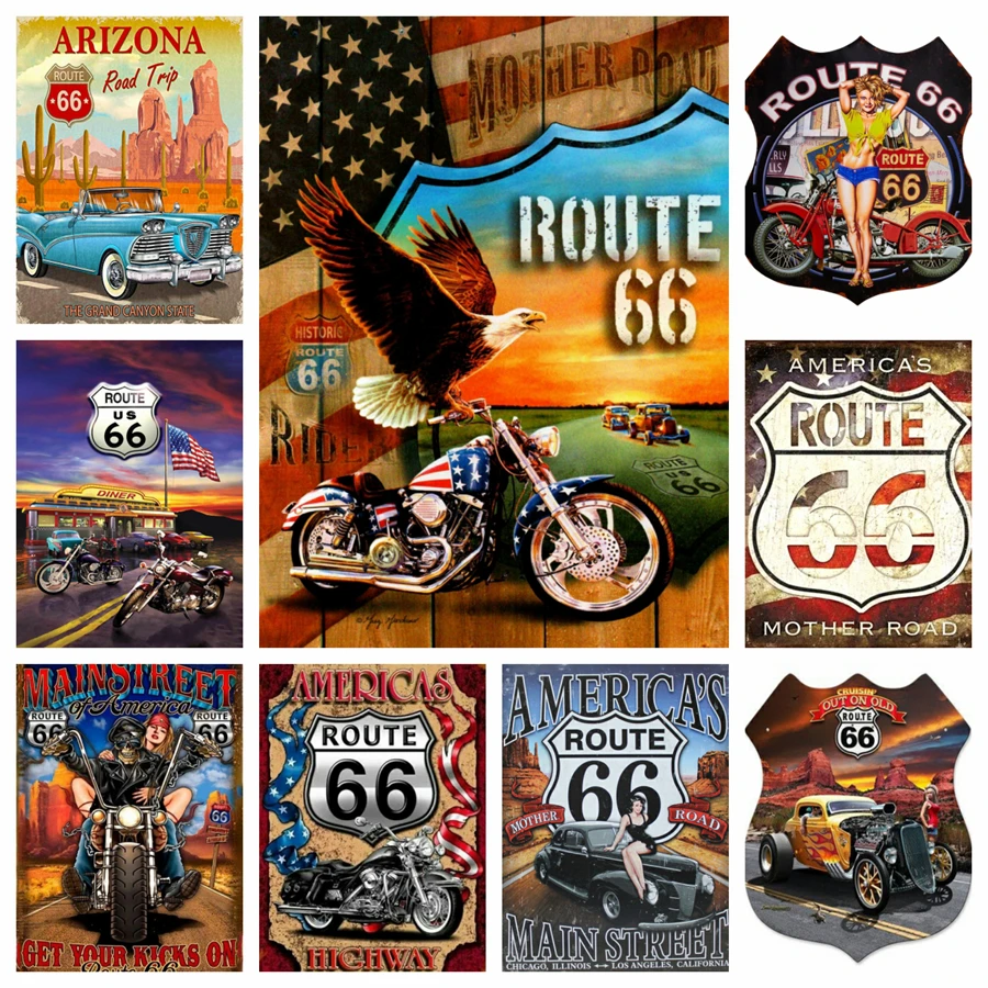 

Vintage Route 66 Cafe American Diamond Painting Cars And Motorcycle Street Landscape Embroidery Cross Stitch Wall Art Decor