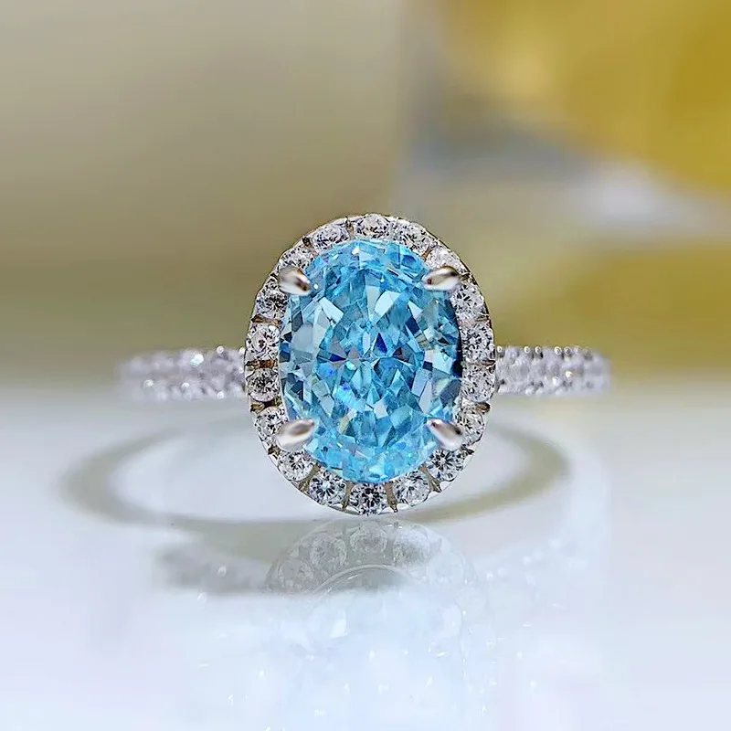 Shop 2023 New S925 High Diamond One Carat Oval Sea Blue Zirconia 6 * 8 Radian Ring