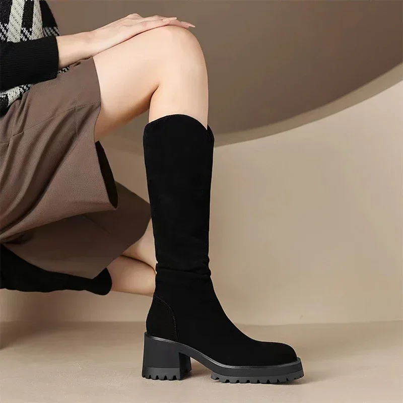 Faux Suede Brown Knee High Western Boots Women 2024 Autumn Chunky Heels Platform Long Boots Woman Pleated Outdoor Botas De Mujer