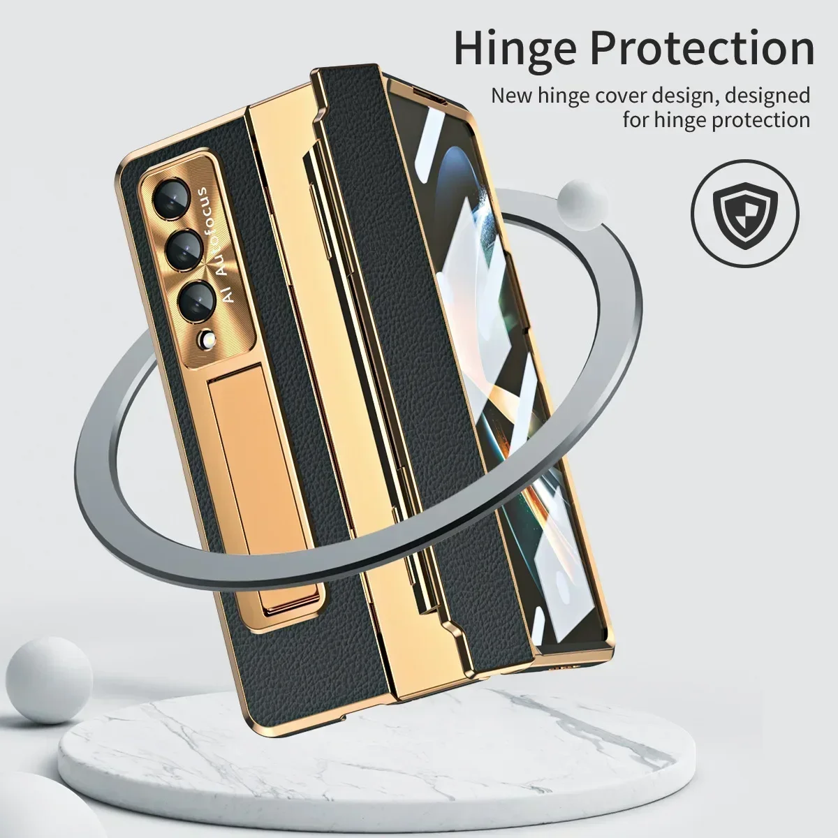 With Screen Protector Luxury Leather Case for Samsung Galaxy Z Fold 6 5 4 3 5G One-Piece Plating Stand Shockproof Cover Gold