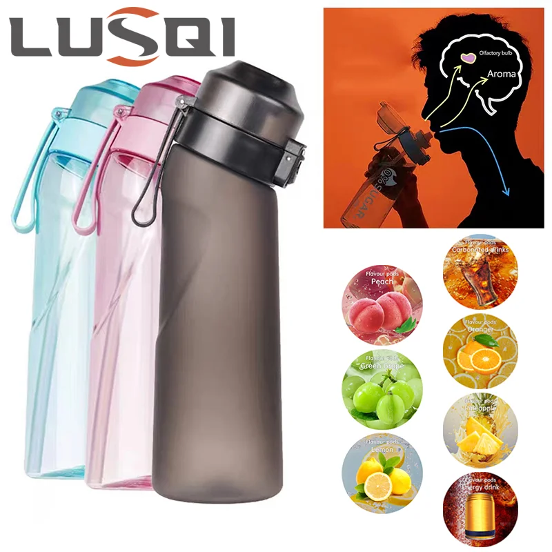 LUSQI 650ml Air Flavored Water Bottle With 7pc Random Flavor Pods Sports Straw Cup Tritan For Outdoor Sports Fitness BPA Free