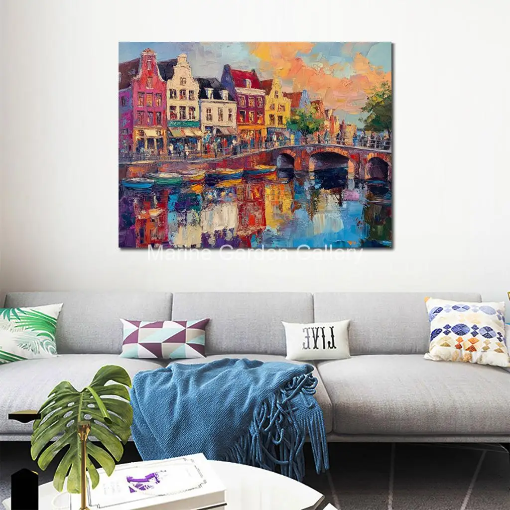 Impressionist Landscape Canvas Art Oil Painting Amsterdams Bridge Handmade Textured Artwork for Modern Hotel Lobby Wall Decor