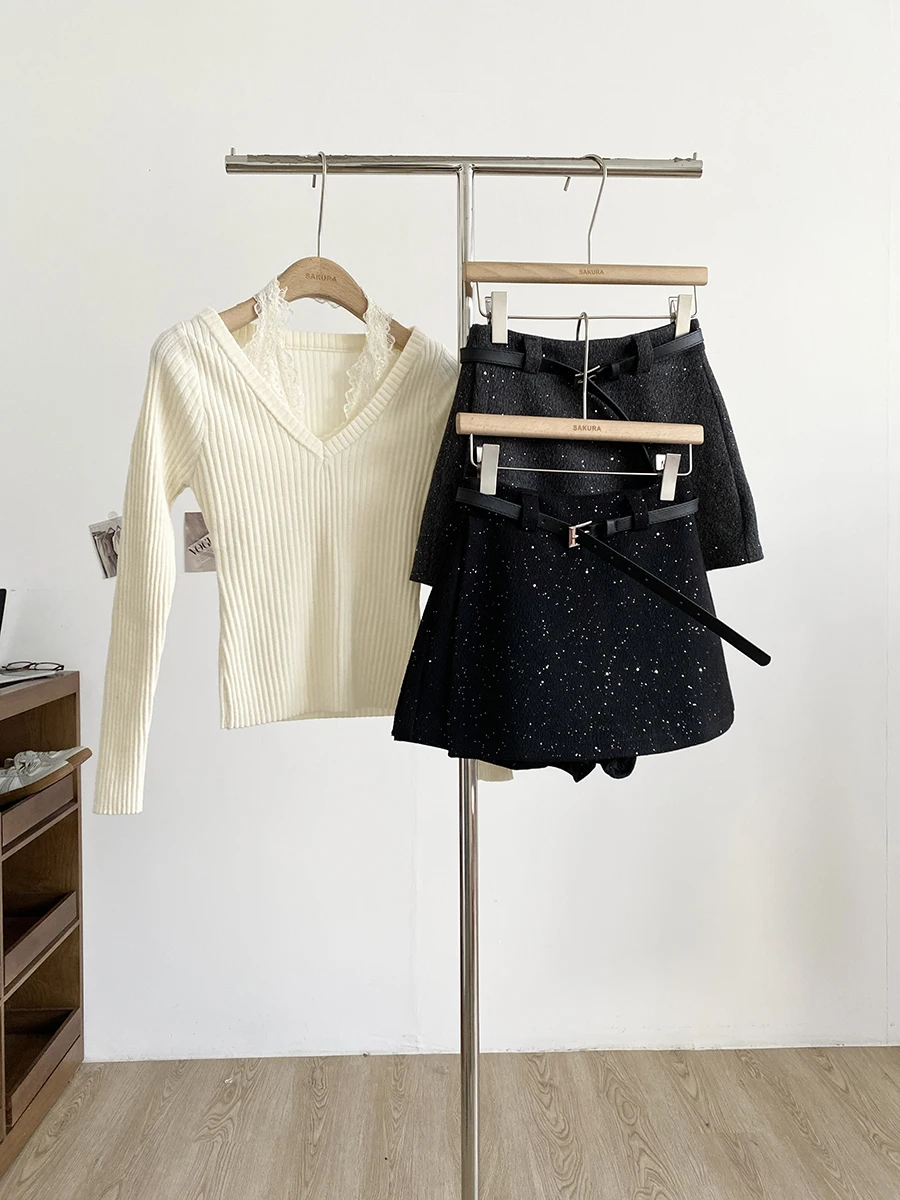 Retro Shiny Sequin Wool High Waist A-Line  Skirt Women's Autumn Winter New Pure Desire Bodycon Short Skirt Commute