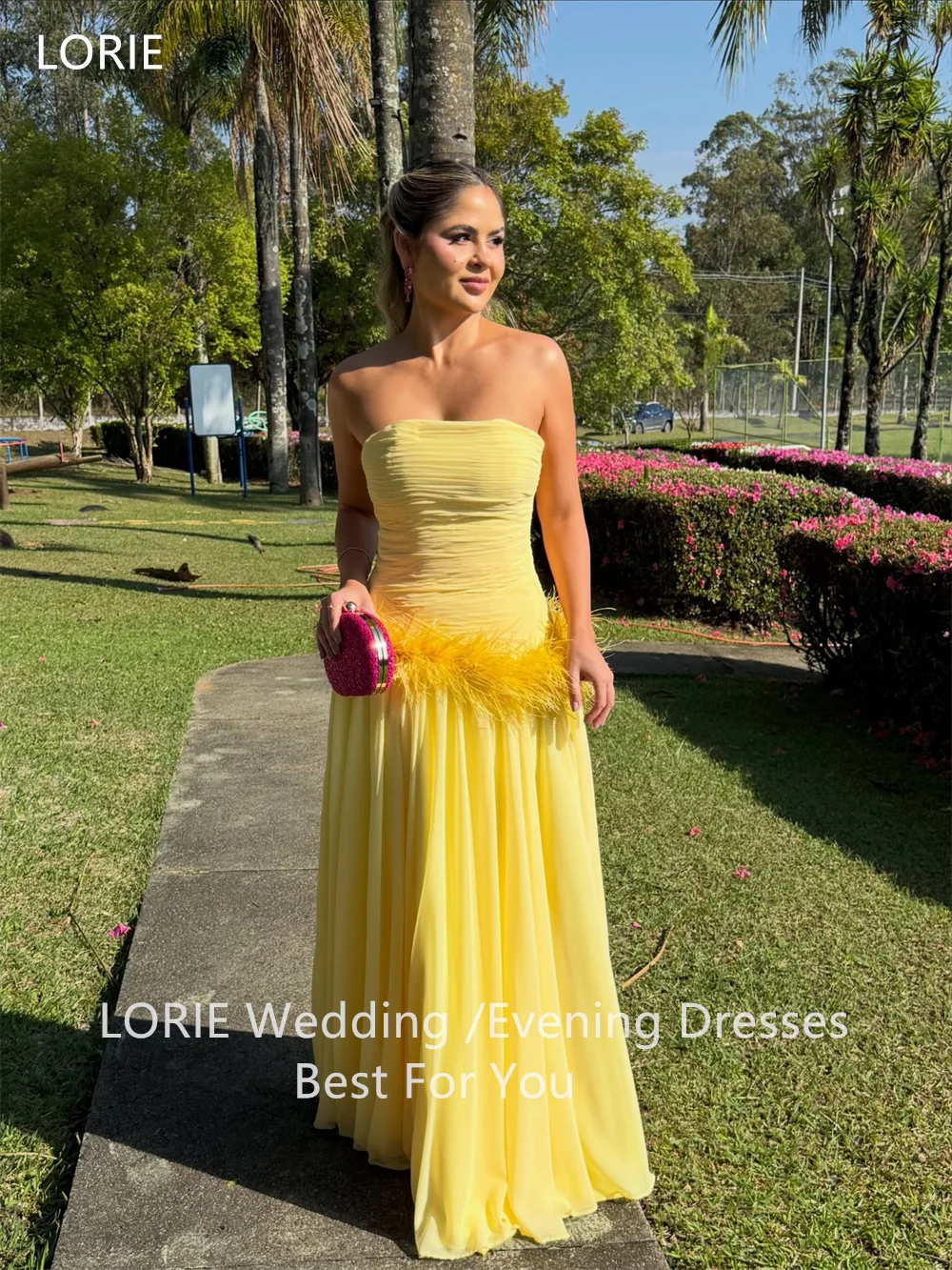LORIE Elegant Yellow A-Line Evening Dresses Strapless Sleeveless Pleat Prom Dress Feathers Party Gowns 2026 Customized