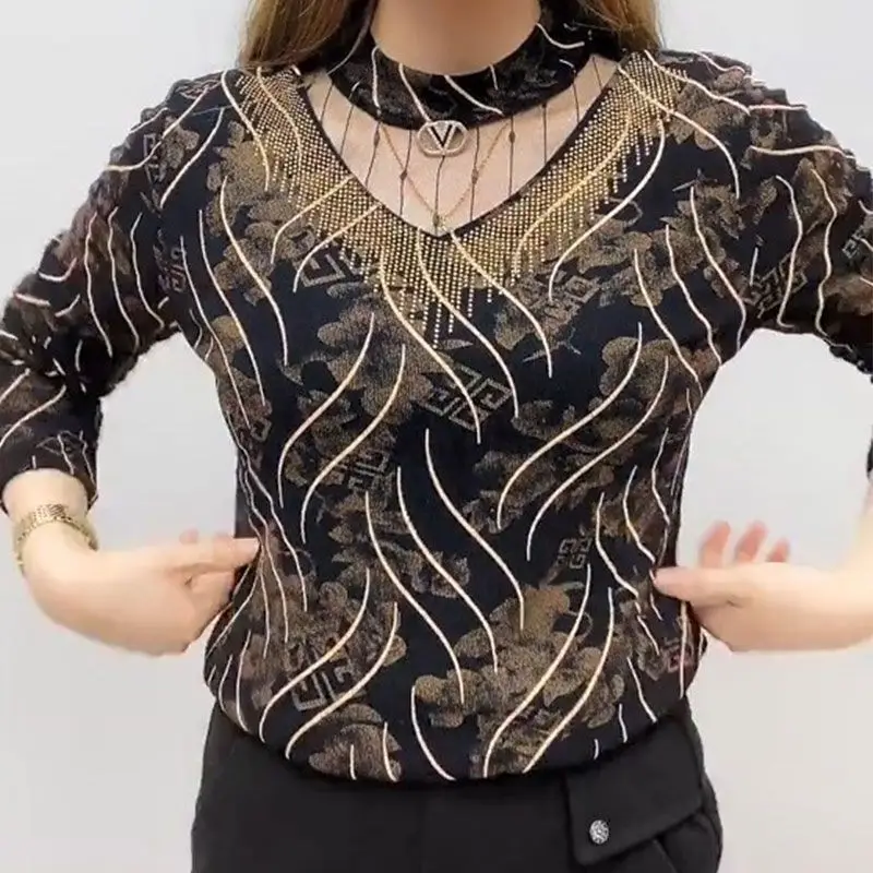 2023 New Spring Mesh Bottom Shirt for Women Dimensional Cut Autumn and Winter Lace Top for Women Warm T-shirt for Women's Tops