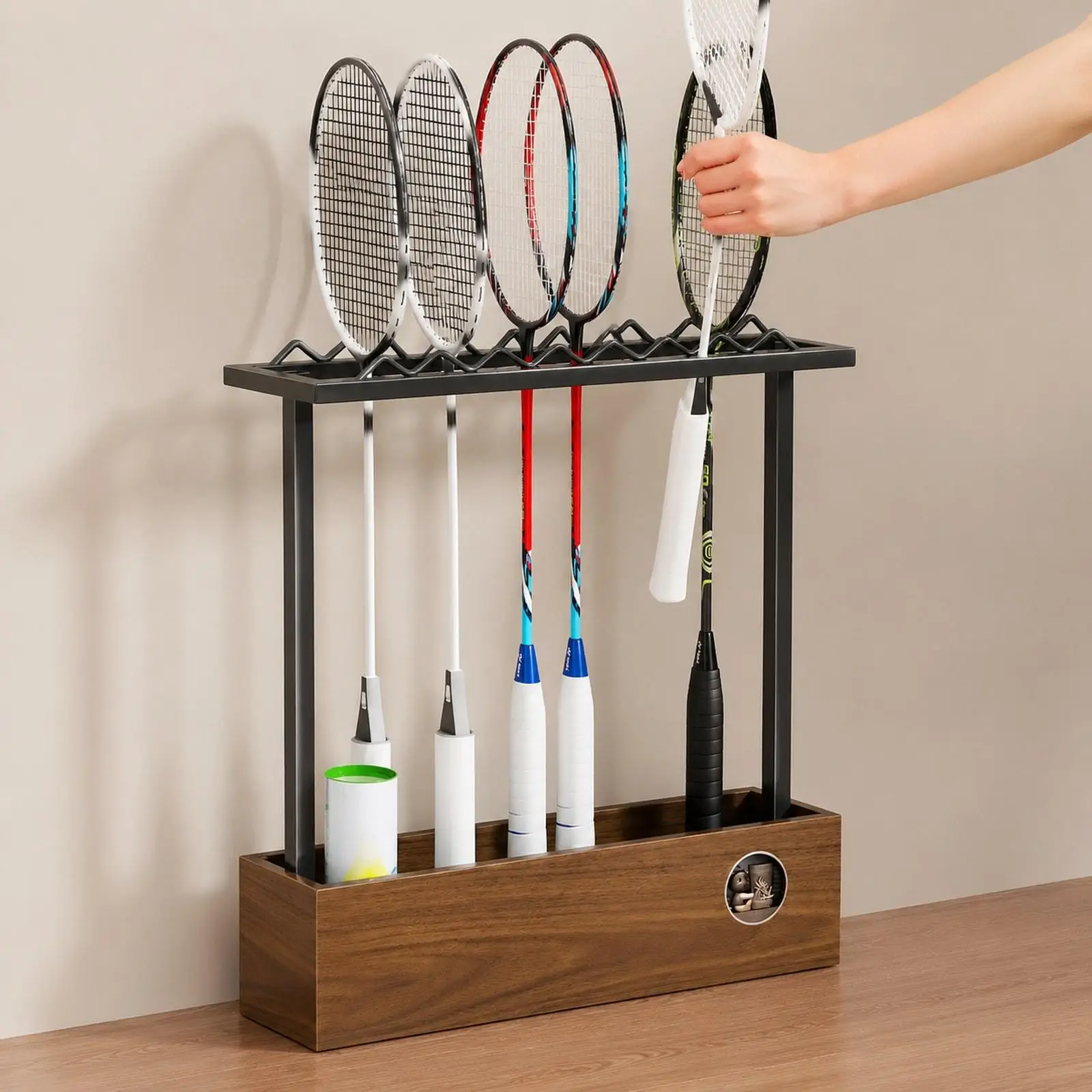 

Badminton Racket Rack Versatile Organizer Iron Wood Large Capacity Tennis Racquet Holder for Gym