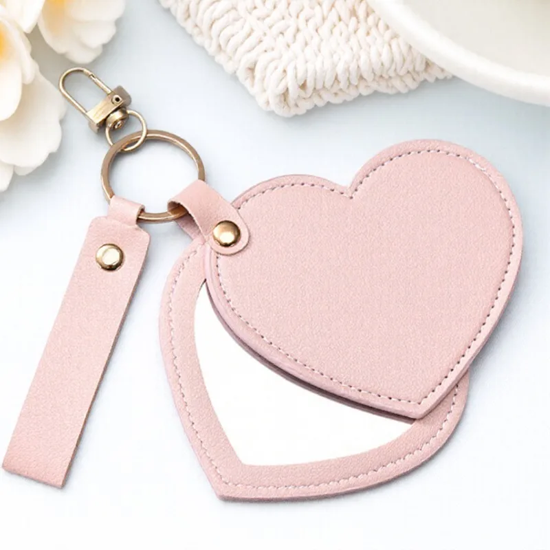 Creative Heart-shaped Makeup Mirror Keychain Solid Color PU Leather Love Heart Keyring for Women Girls Handbag Pendant Ornament
