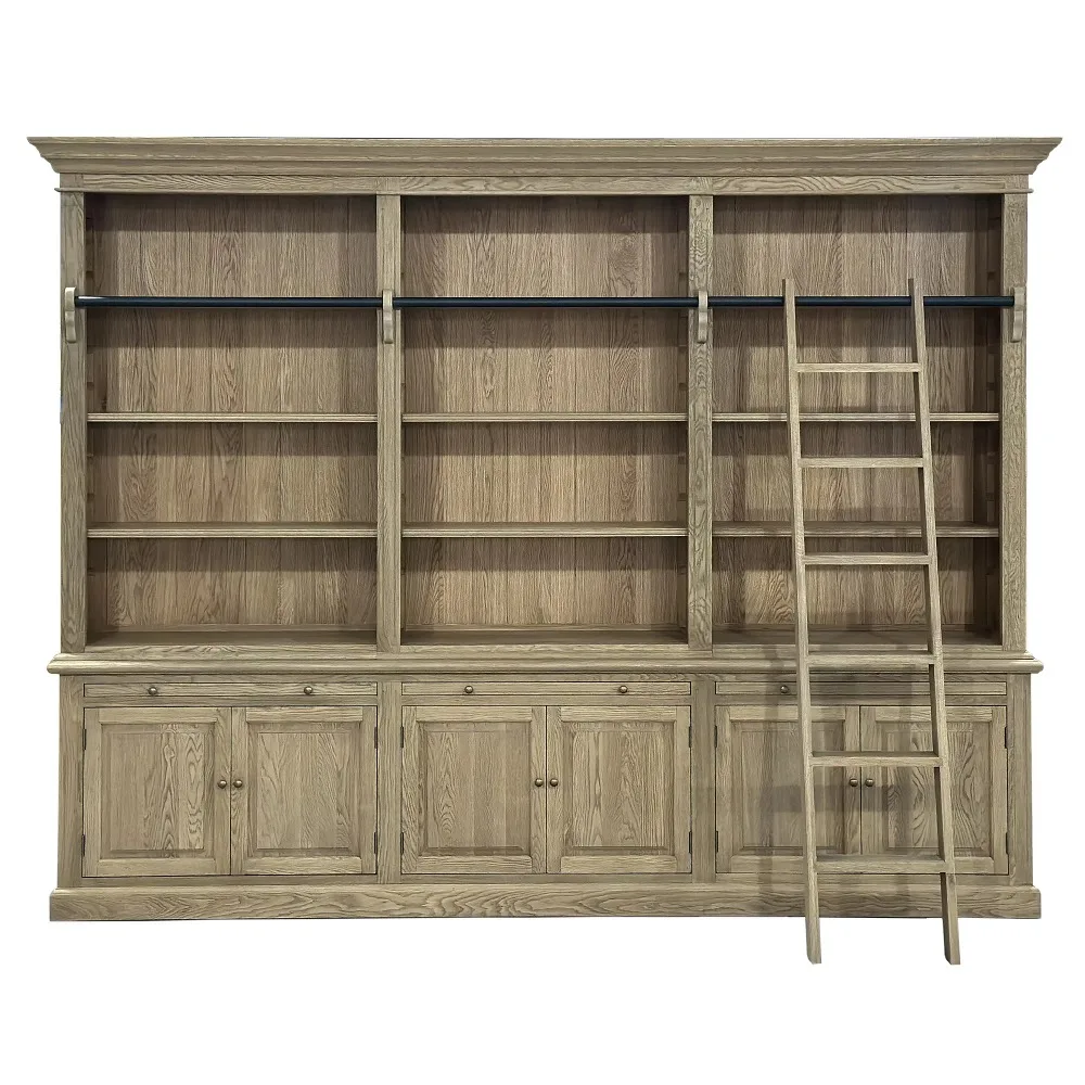 Rustic Antique Office Library Furniture Solid Oak Large Ladder Storage Wooden Bookshelf Bookcase