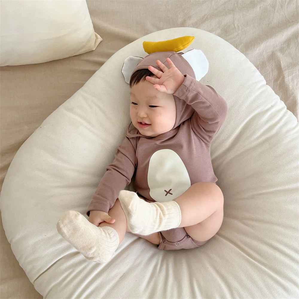 2024 Spring Newborn Cute Monkey Long Sleeve Romper Girl Cotton Infant Print Jumpsuit+Banana Cap 2pcs Boy Toddler Onesie Clothes