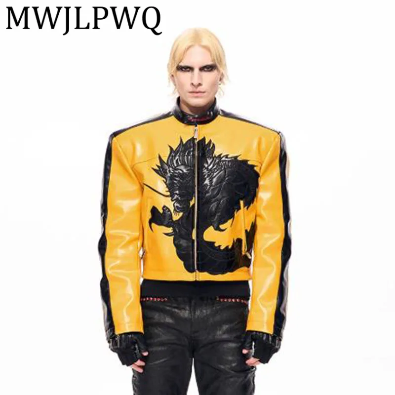 

MWJLPWQ Pattern Embroidered Short Leather Jacket For Men Winter Color-Block Motorcycle Streetwear Stand Collar Padded Tops 12771