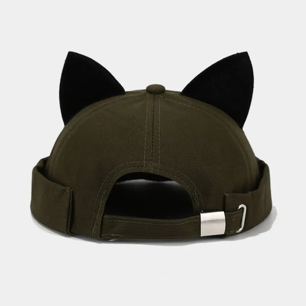Casual Leopard Print Cat Ears Brimless Hat Adjustable Rolled Cuff Cat-eared Hat Solid Color Melon Docker Cap Unisex