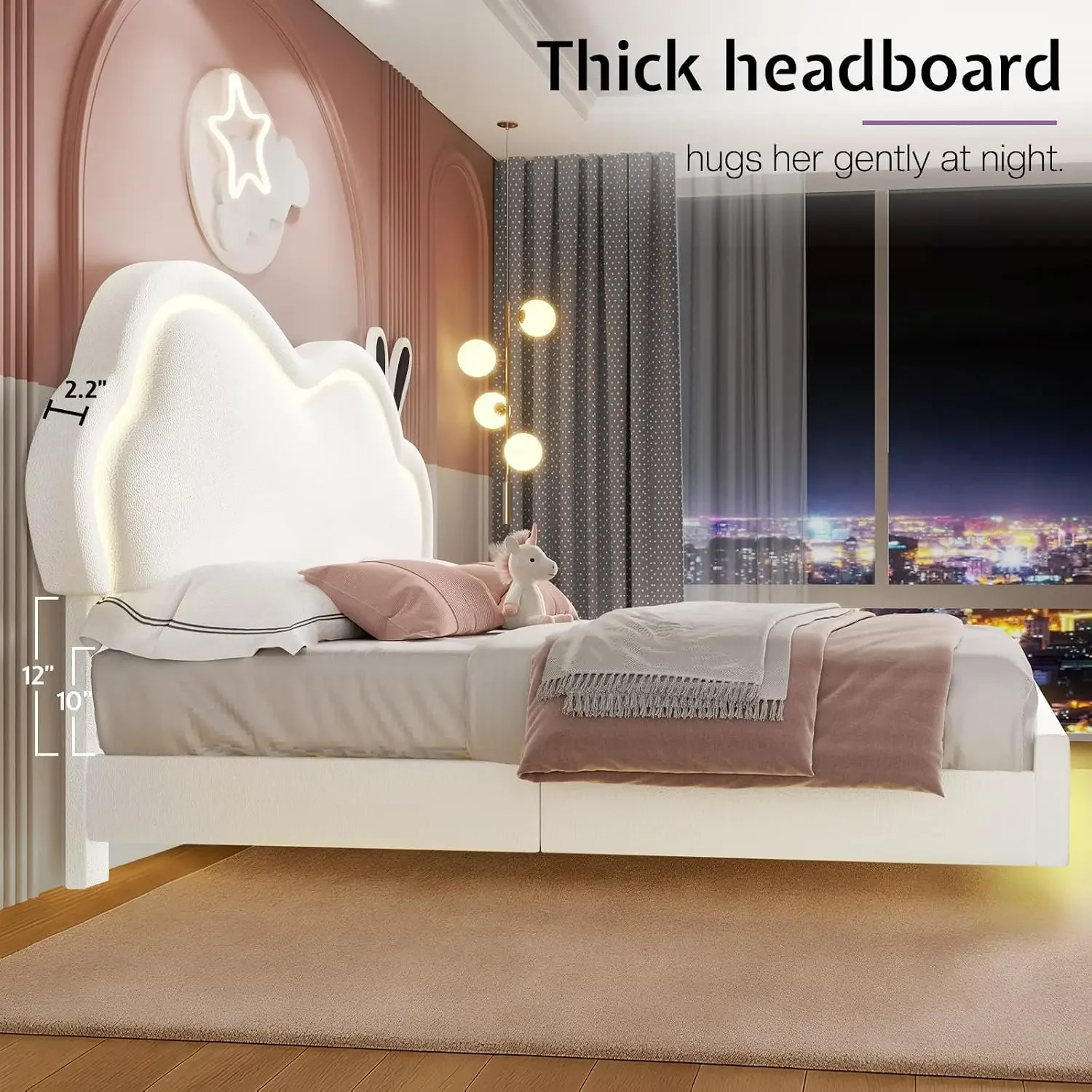 Full Floating Bed Frame with Cloud Headboard for Girls, White | Faux leather upholstered, LED lights, Detachable bunny ears, Adj