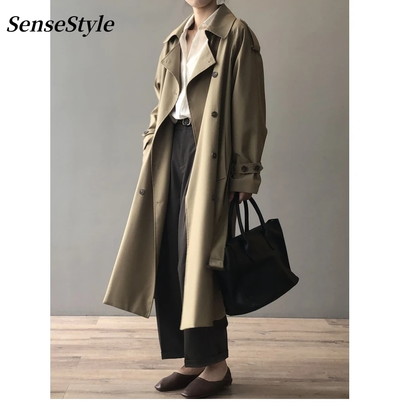 

Autumn Double Breasted Long Trench Coats Women Turn Down Collar Raglan Sleeve Loose Casual Long Coats With Belts