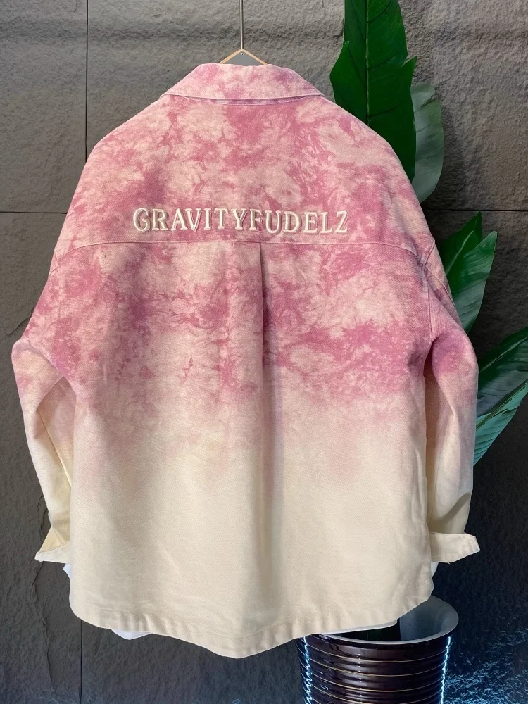 Trendy Washed Tie Dye Gradient Denim Shirt Autumn New Embroidered Jacket Loose Oversized Unisex Couple Top