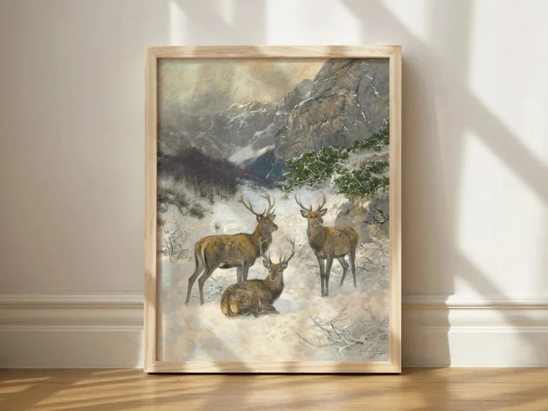 Nordic Vintage Winter Snow Landscape Painting Canvas Poster Rustic Animals Deer Rabbit Wall Art Pictures Christmas Home Decor