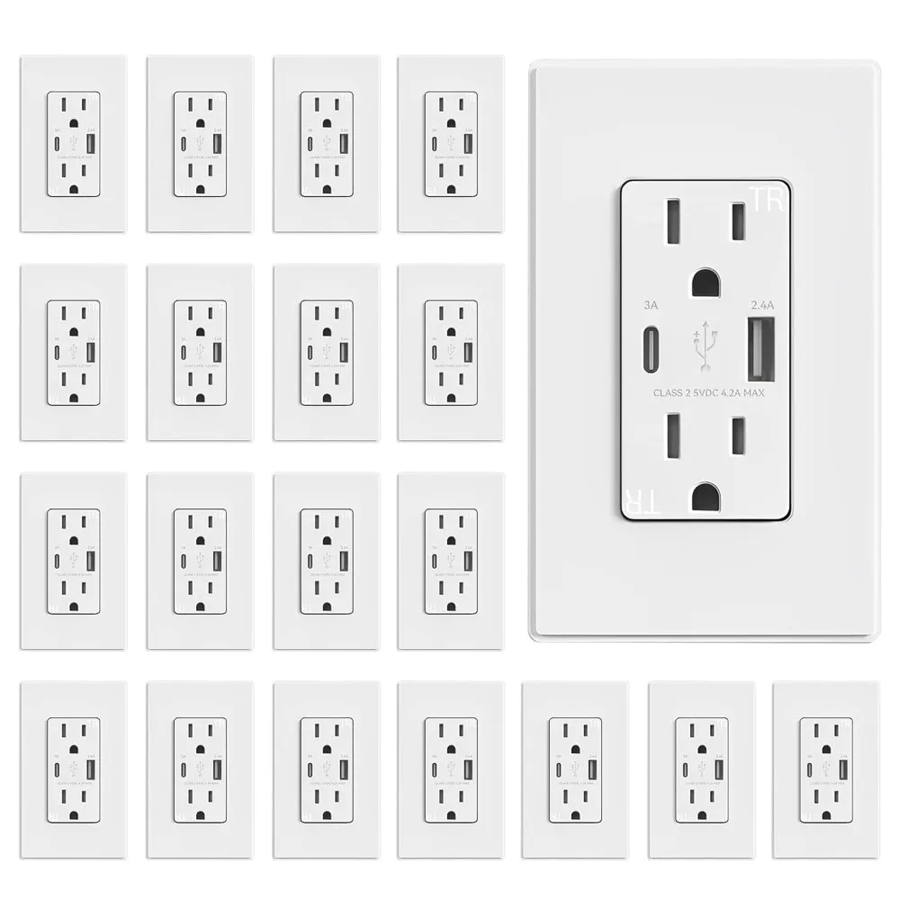 Charger Wall Outlet, USB Receptacle with USB A & USB C Ports, 15 Amp Duplex Tamper Resistant Receptacle Plug NEMA 5-15R