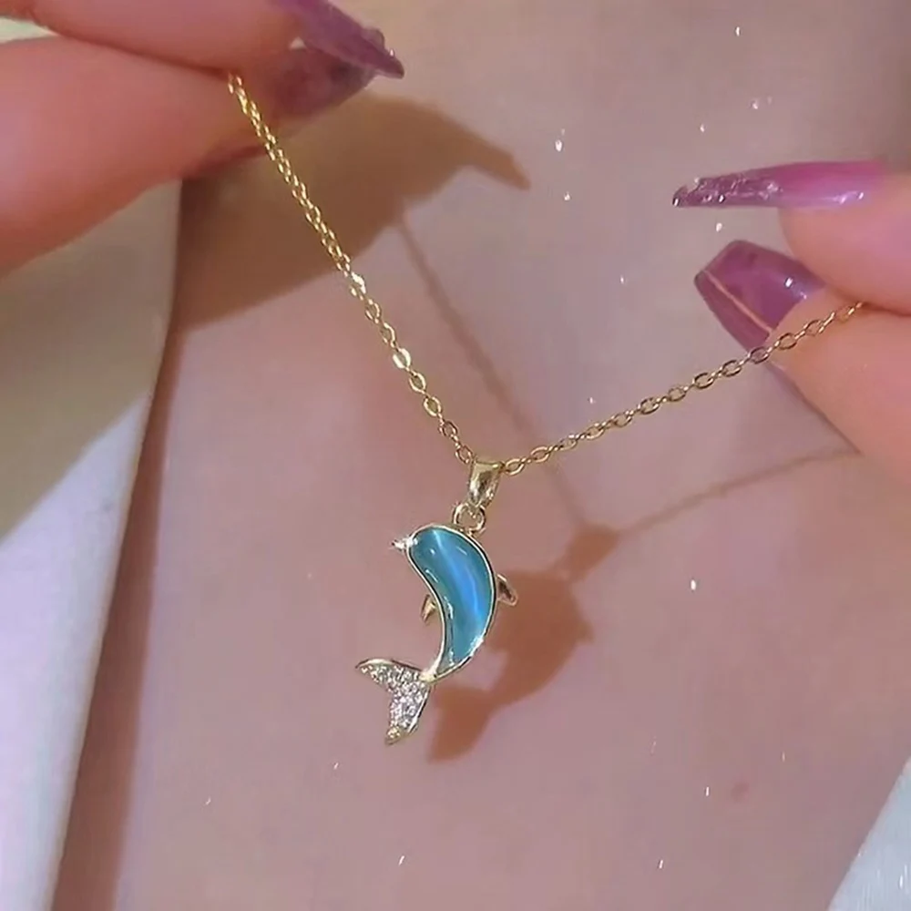 Elegant Dolphin Necklace for Women with Cat Eye Stone Marine Life Pendant Stainless Steel Temperament Jewelry Gift