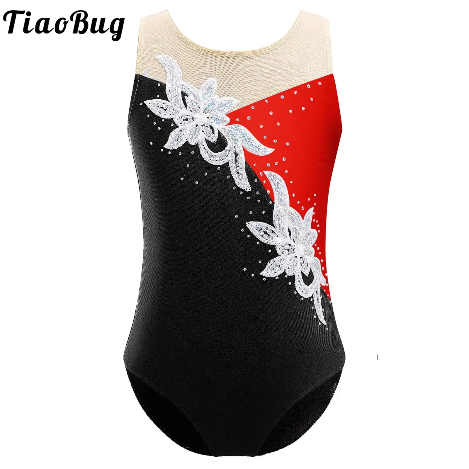 Girls Gym Costume Sleeveless Mesh Patchwork Glittering Sequins Faux Diamonds Adorned Leotard Gymnastic Skating Jumpsuit