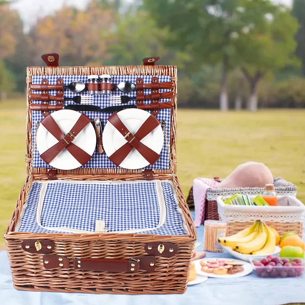 

Vintage Wicker Picnic Basket With Cups Flatware Set Utensils Basket For 4 Person Camping