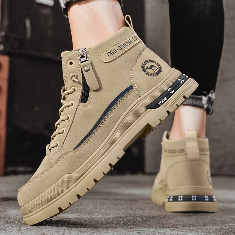 Mens Brushed Look Hiking Boots Outer Zip Round Side Badge Striped Tongue Patch Thick Notched Platform