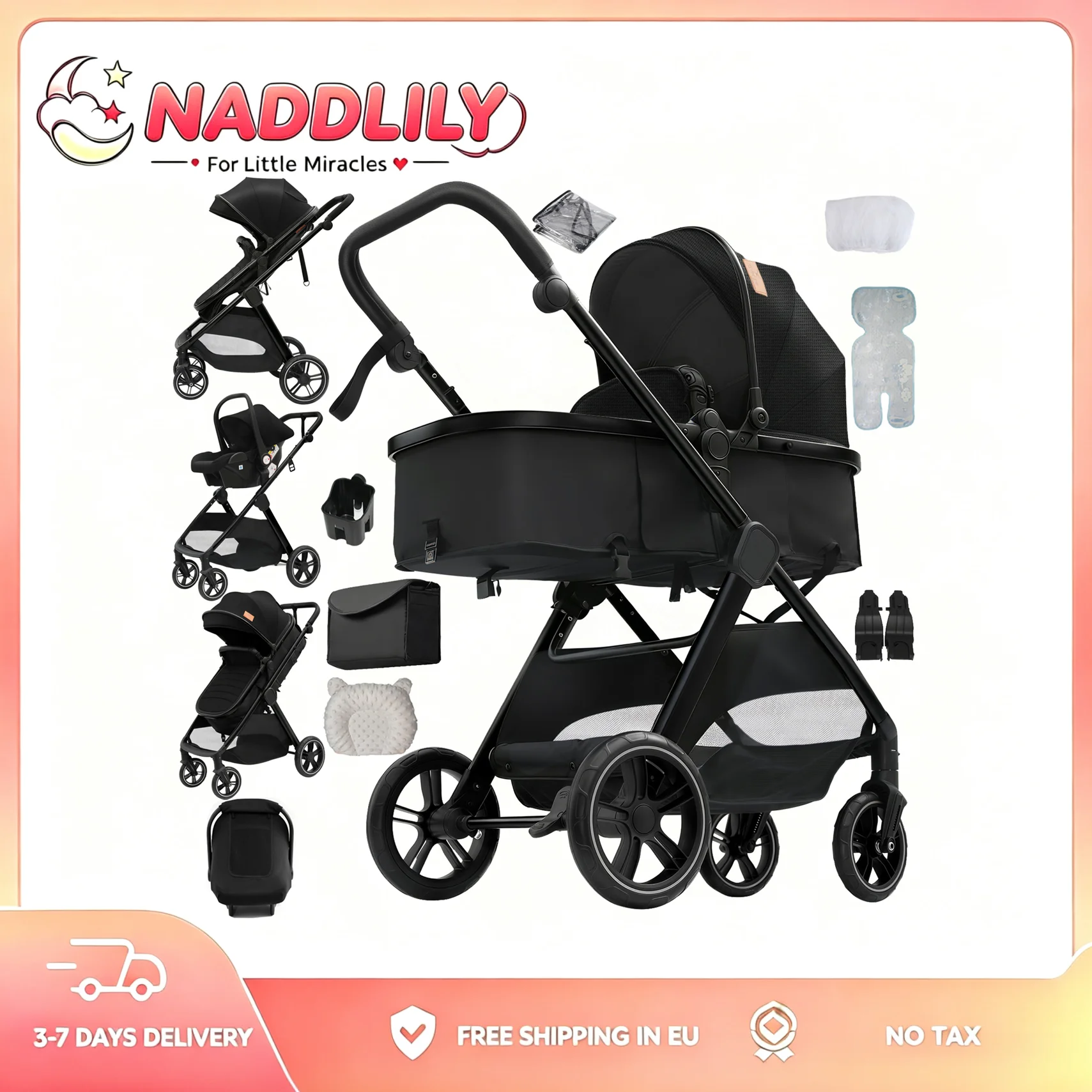 3-in-1-Kinderwagen-Reisesystem mit Autositz, leichter, hochliegender, faltbarer Kinderwagen für Neugeborene, stoßdämpfendem Aluminiumrahmen, langlebiger und komfortabler Kinderwagen für Reisen und den