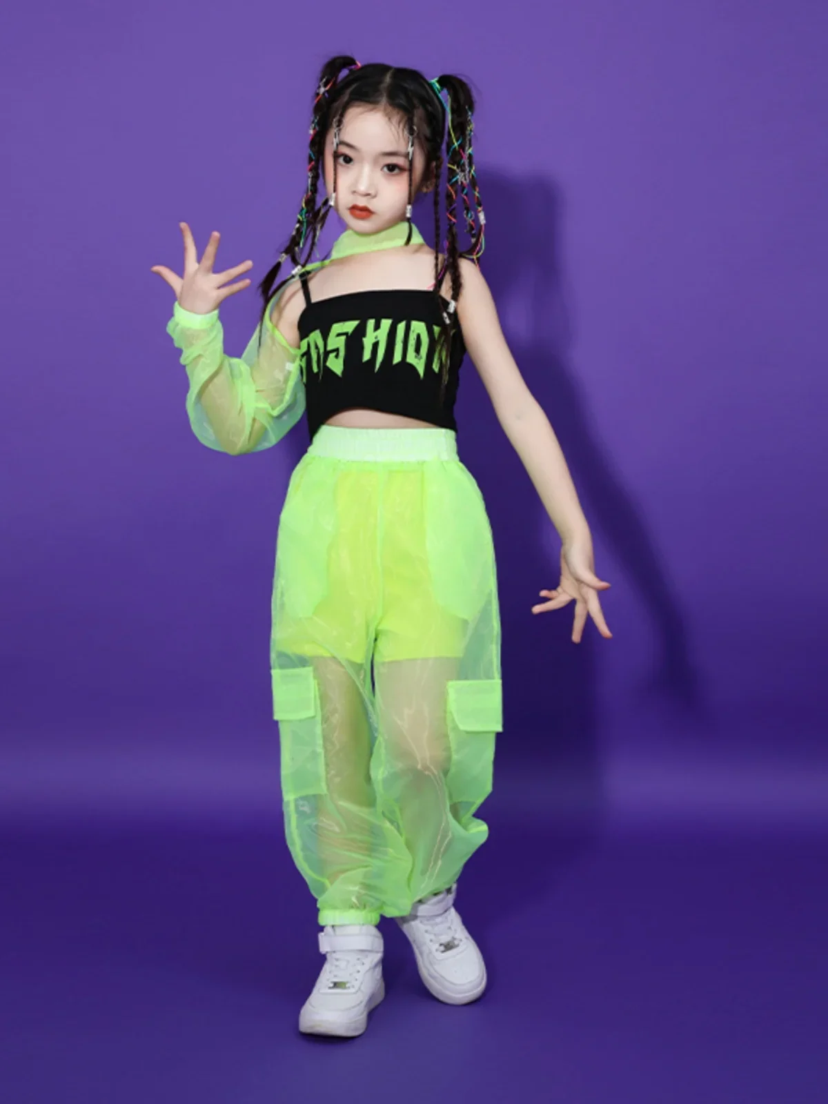 Jazz Dance Costume Girls Street Dance Clothes Stage Neckless Tank Top See Through Mesh Pants Girls Runway Performance Costume