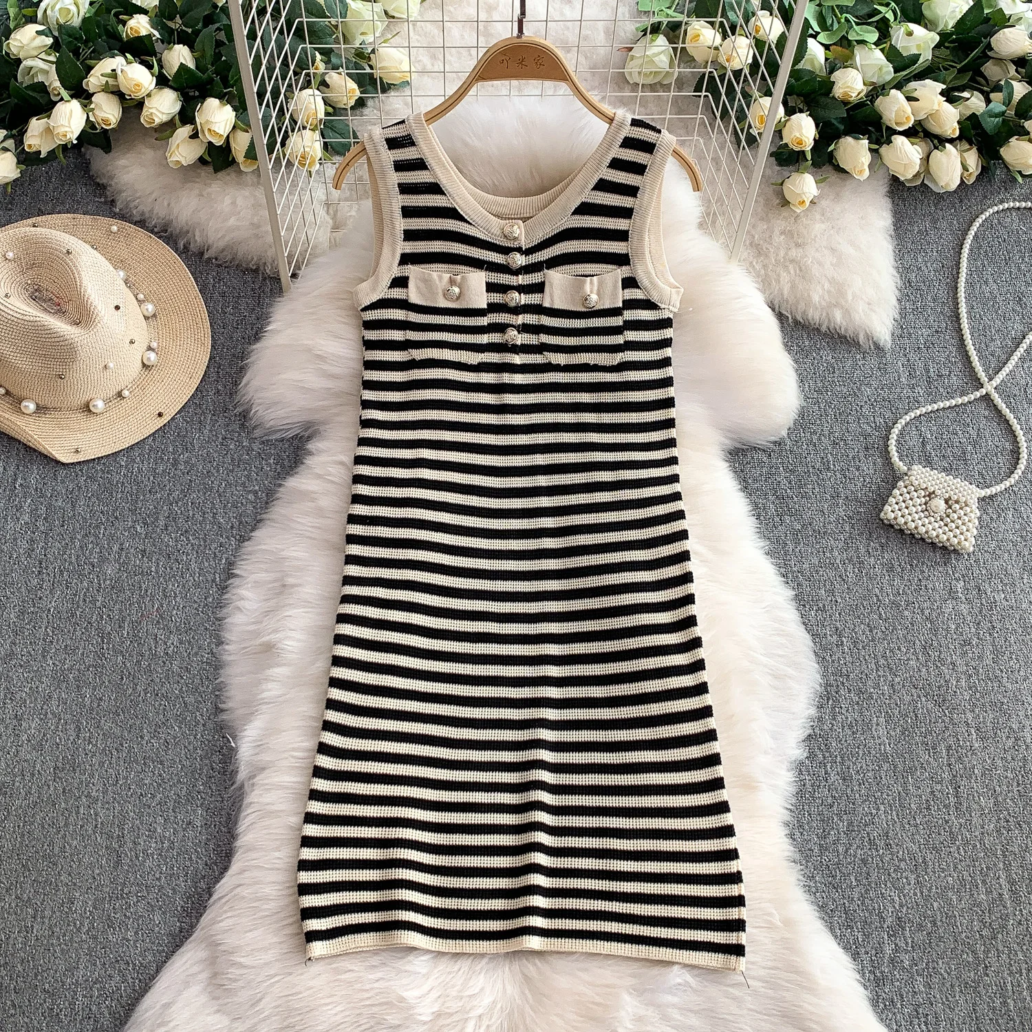 New Summer Women O-neck Sleeveless Knitted Dress Metal Button Double Pokets Striped Elastic Slim Vest Dress Office Lady Outfits