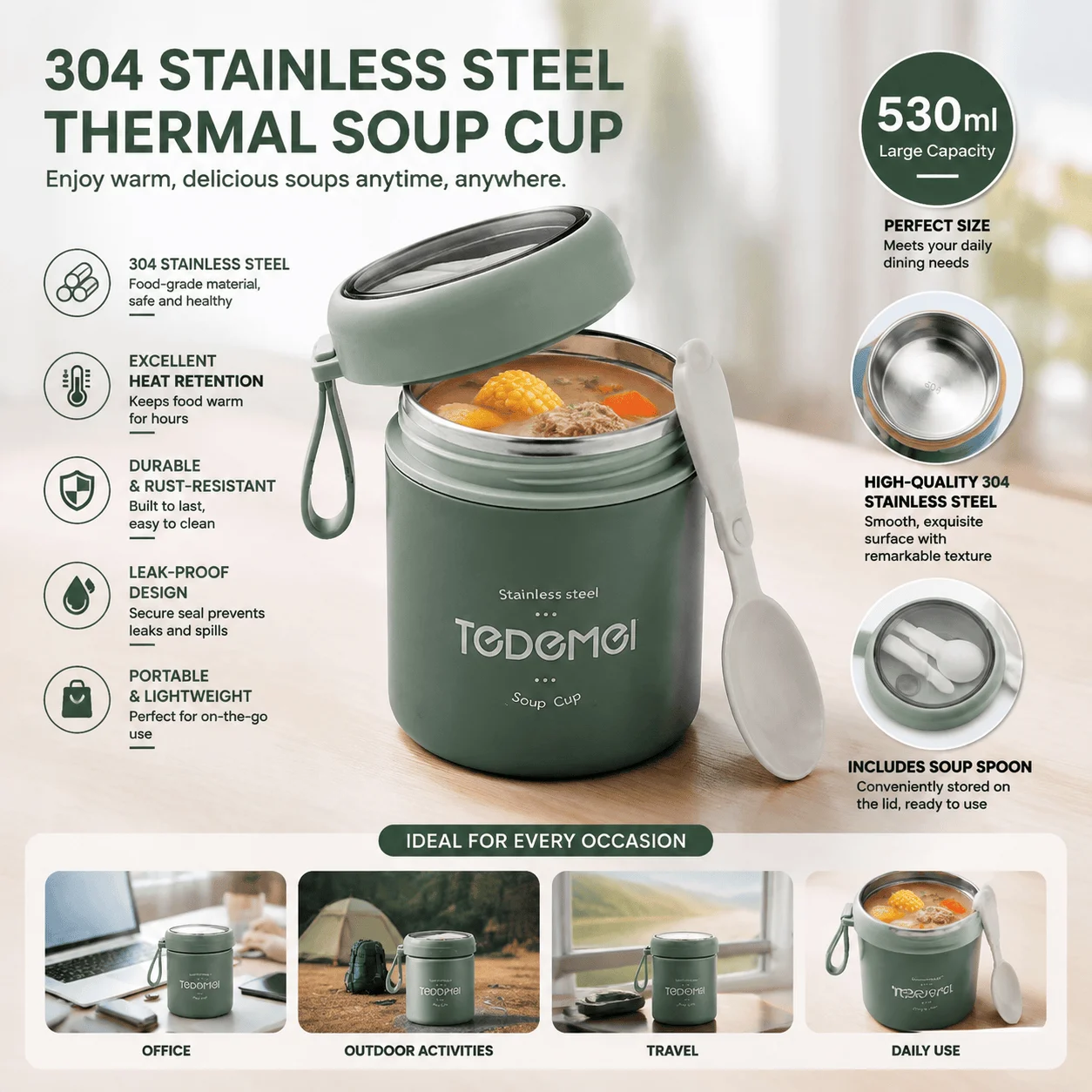 530ml Stainless Steel Insulated Soup Mug with Lid and Spoon, 304 Double Wall Vacuum Travel Tumbler, Leakproof Wide Mouth Food Cup, BPA Free Reusable Container for Soymilk Coffee Tea Soup, Home Office Commute Travel Picnic Camping Outdoor Daily Use