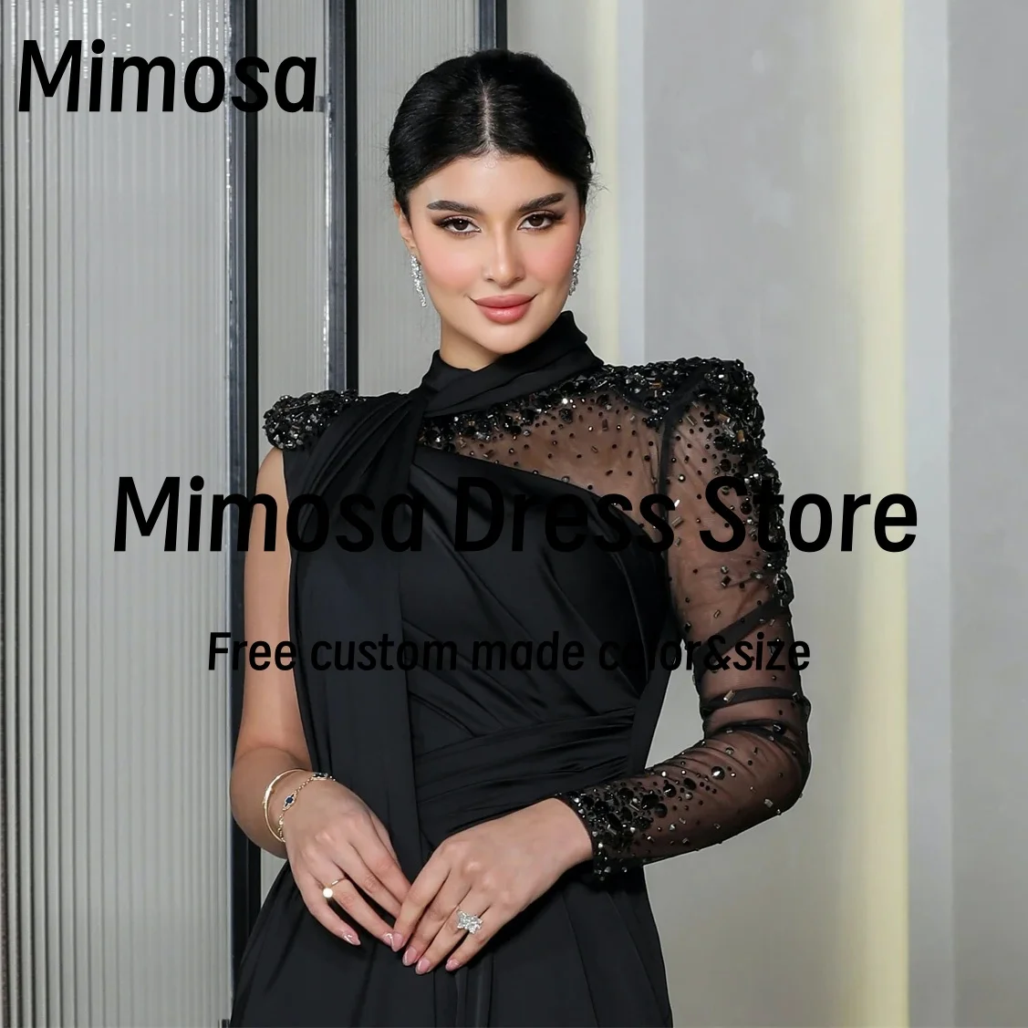 Mimosa High Collar Prom Dresses Beaded Tulle Long Sleeve Evening Party Dress Ruched Side Slit платье вечернее Customized