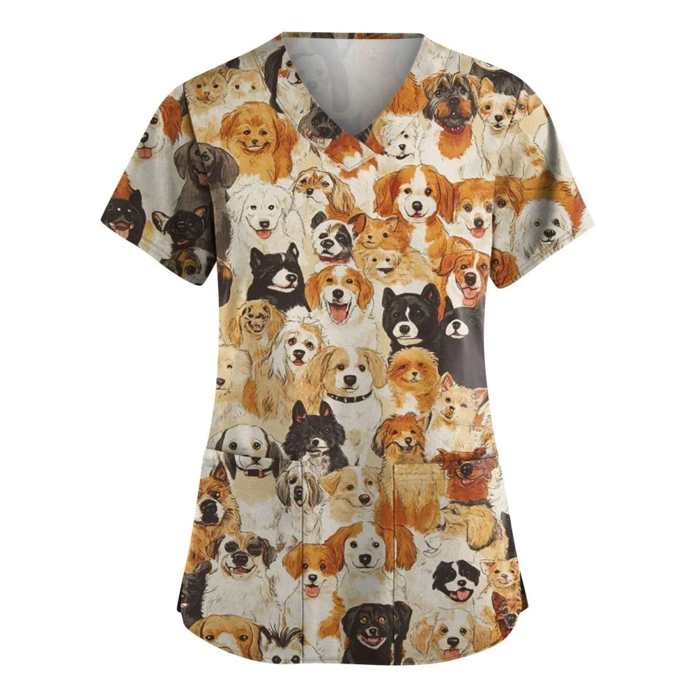 Uniforme médico para mujer, Tops de enfermera veterinaria con estampado de animales bonitos, moda con cuello en V, manga corta con bolsillos, uniforme clínico para mujer