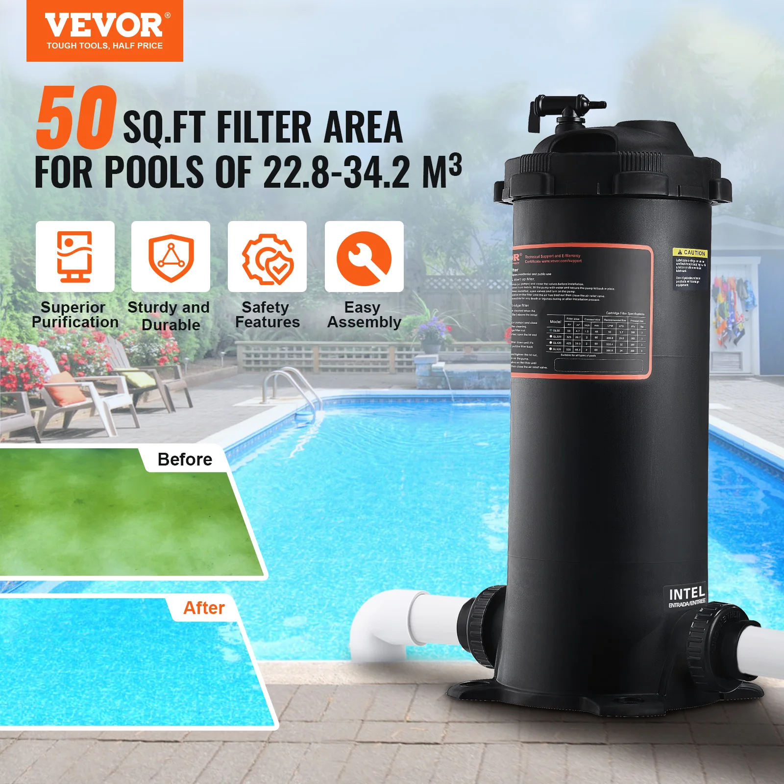 VEVOR Cartridge Pool Filter 50/325/425/525Sq. Ft Filter Area Inground Pool Filter Above Ground Swimming Pool Filtration  System